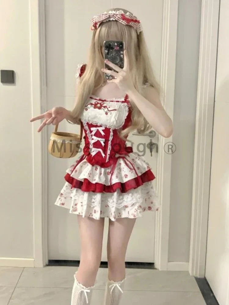 Cyflymder France Vintage Slim Square Neck Print 2 Piece Set Women Sweet Cute Lace Bow Patchwork Tops Female + High Waist Short Skirt