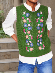 Cyflymder  Women s Sleeveless Knit Sweater Vest with Floral Embroidery Cozy Crew Neck Tank Top Stylish Knitted Sleeveless Pullover