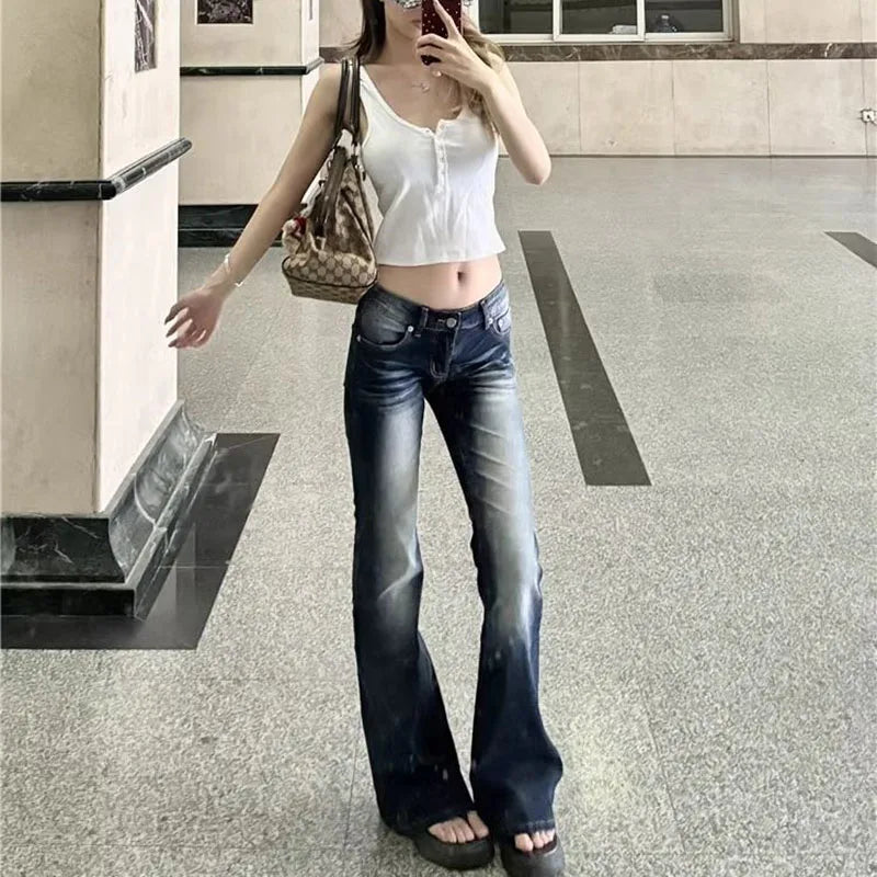 Cyflymder  Women Fashion Washed Denim Flares Pants Korean Style Low-Waist Slimming Wide Leg Jeans Female Streetwear Sexy Slim Y2K Trousers