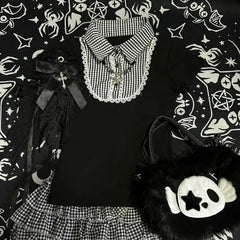 Cyflymder  Gothic Y2k Lolita Style T-Shirts Women Japanese Vintage Lace Black White Plaid Patchwork Tees Summer Sweet Cute Short Sleeve Top