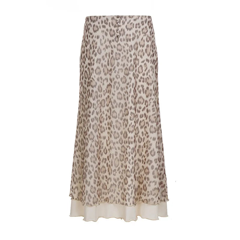 Cyflymder  Fashion Leopard Print Double-Layered Long Skirt for Women New Trendy Slim Fit Ruffle Hem A-line Skirt Elegant Streetwear
