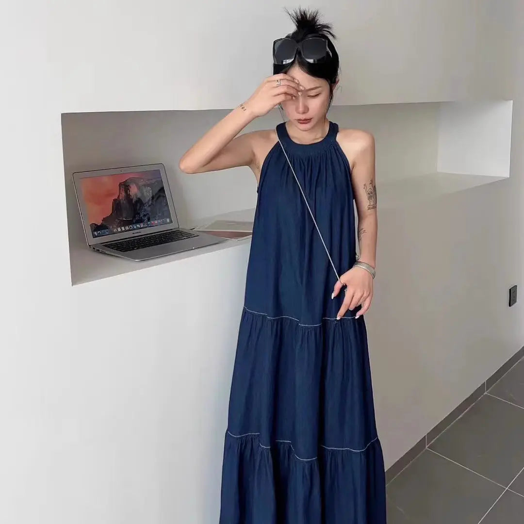 Cyflymder  Sweet Hot Girl Casual Strap Denim Dress for Women's Summer Pure Sexy Loose A-line Long Dress Fashion Female Clothes