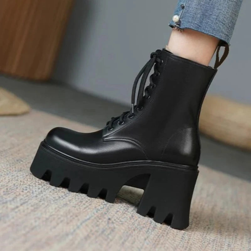 Cyflymder Punk Goth Ankle Boots Women Black Chunky Wedge Platform Shoes Woman Lace Autumn Patent Leather Footwear Lady Botas Mujer