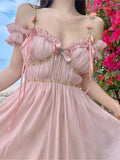 Cyflymder Pink Sweet Strap Dress Summer Women Elegant V-Neck Bow Floral Fairy Party Dresses Female Sexy Off Shoulder Chic Holiday Vestidos