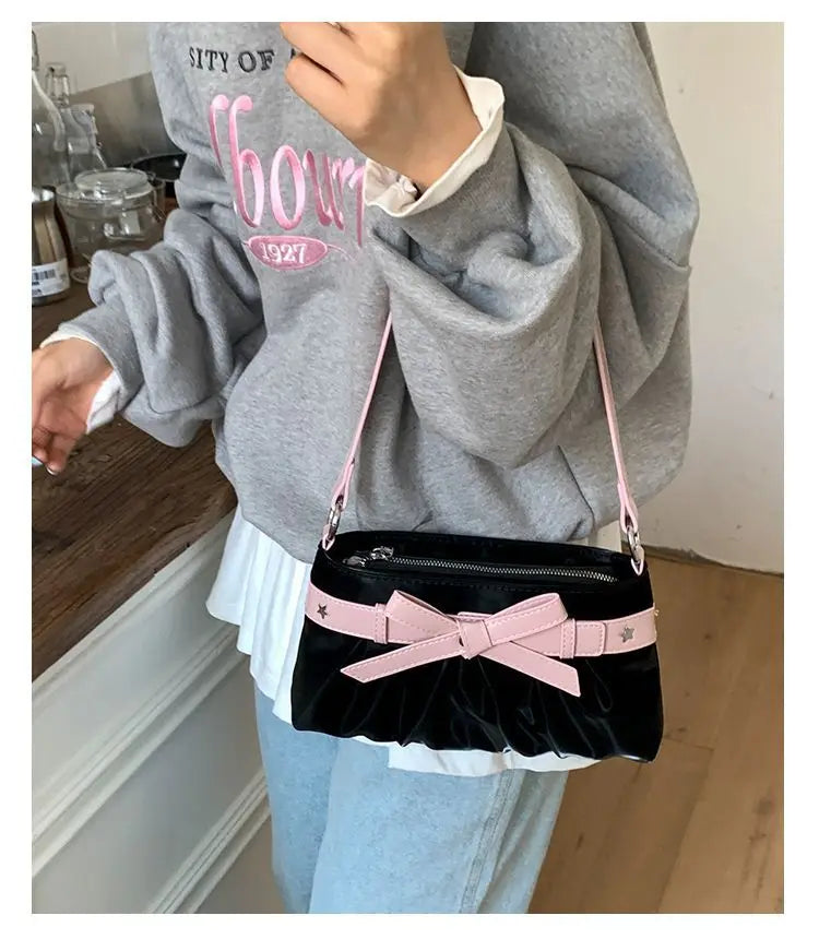 Cyflymder  Korean Hot Girl Bow Studded Handbag Women Simple Design Sweet Shoulder Bag Ladies Elegant Fashion Underarm Purse Y2k Aesthetic