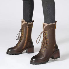 Cyflymder   Autumn Winter Fleece-Lined Lace-up Ladies Mid Calf Shoes Warm Round Toe Middle Heel Women's Half High Boots New in Footwear