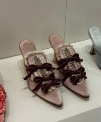 Cyflymder  Elegant Retro Dusty Pink Satin Mule Heels Velvet Bow Ruffled Lace Detail Pointed Toe Open-Back Chunky Heel Pumps Daily Outfits