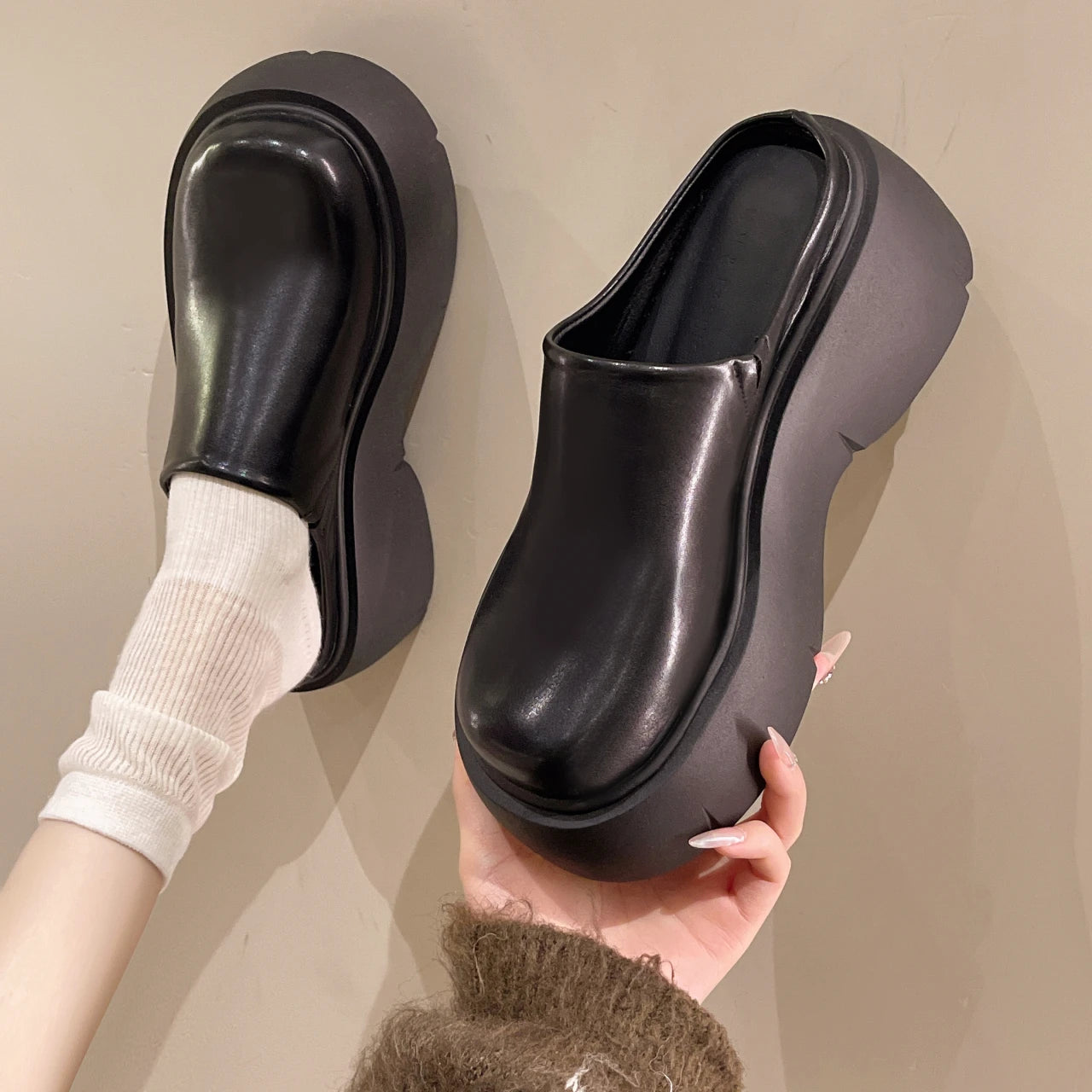 Cyflymder  Bla Thi Bot High Heel Slippers for Women Spring Autumn Outdoor Wear New Sle Covered Head f Slippers Retro