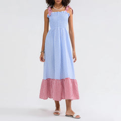 Cyflymder  Summer Midi Dress Women Fashion Plaid Tie-Up Shoulder Straps Sleeveless Dress Fashion Casual Swing Dress
