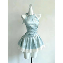 Cyflymder  Korean mint green halterneck dress summer resort style lace spliced short skirt for women