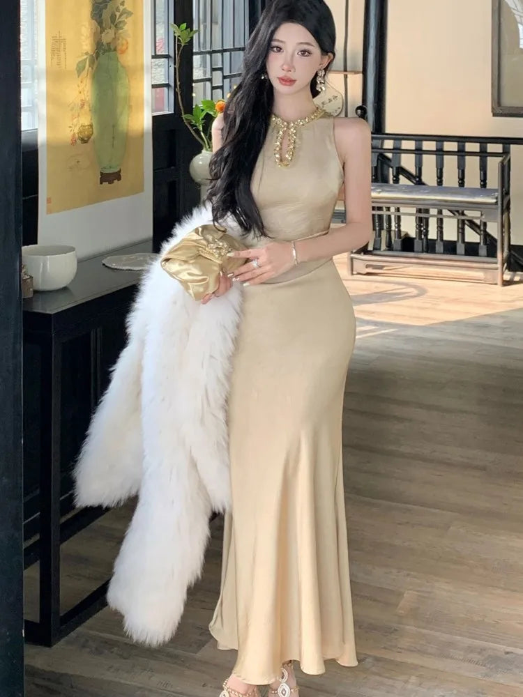 Cyflymder  Elegant Gold Sleeveless Long Dress V-Neckline Events Evening Parties Luxurious woman dresses  Hot Sexy Flowy Clothing