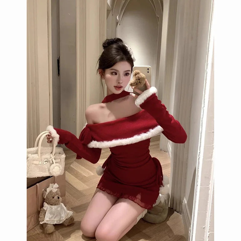 Cyflymder Christmas DRESS TO IMPRESS Slash Neck Halter Knitting Dresses Female Autumn Winter Christmas Red Tight Dress Women Clothes Slim Lacing Mini Dress New