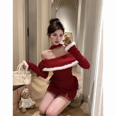 Cyflymder Christmas DRESS TO IMPRESS Slash Neck Halter Knitting Dresses Female Autumn Winter Christmas Red Tight Dress Women Clothes Slim Lacing Mini Dress New