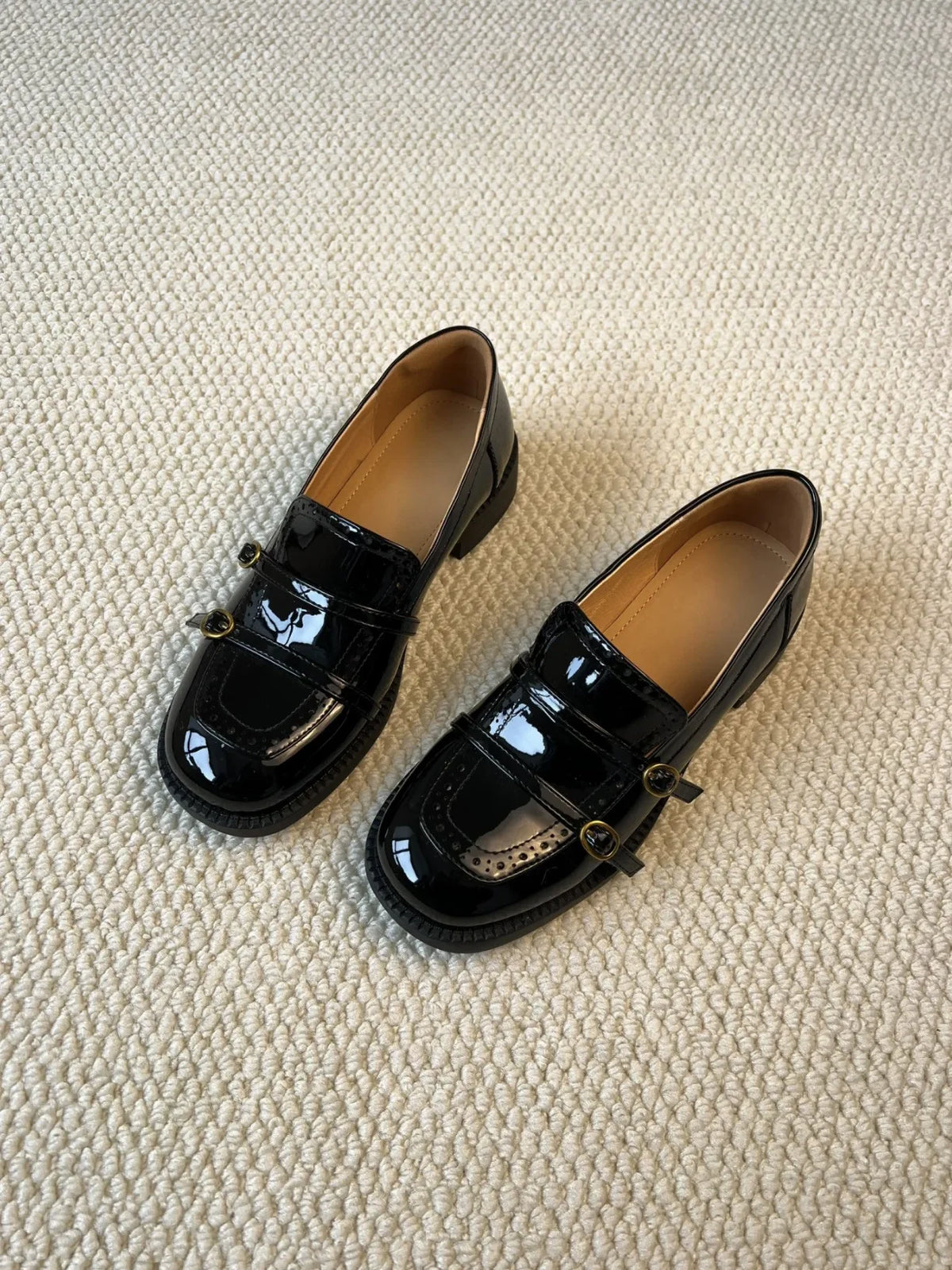 Cyflymder  Genuine Leather Loafers For Women Vintage Shiny Block Heel Brogue Casual Shoes British Style Leather Dress Footwear