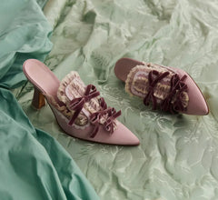 Cyflymder  Elegant Retro Dusty Pink Satin Mule Heels Velvet Bow Ruffled Lace Detail Pointed Toe Open-Back Chunky Heel Pumps Daily Outfits