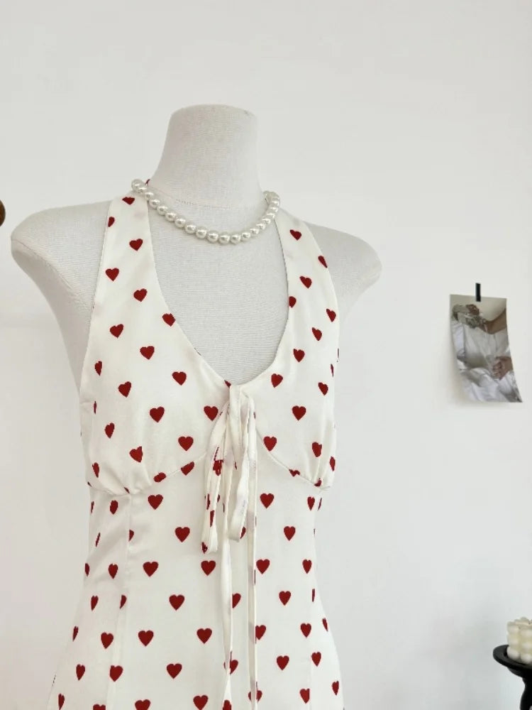 Cyflymder  French Elegant Heart Dot Long Dresses Sweet Slim Neck-mounted Summer Vacation Clothing Women Vintage Sexy Evening Party Dress