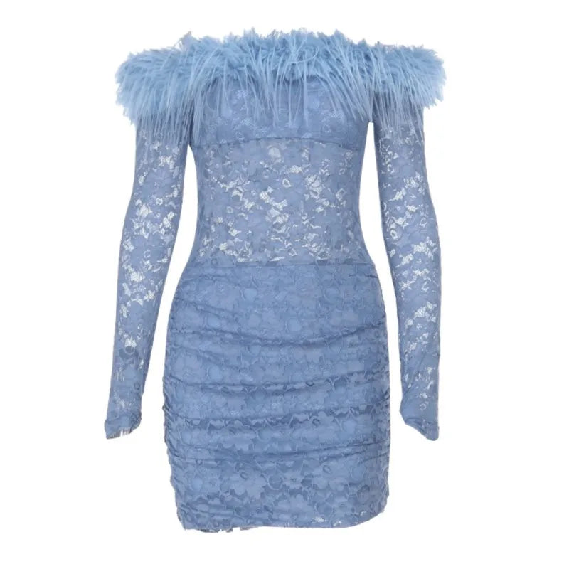 Cyflymder  Off Shoulder Lace Blue Pencil Dress Women Trend Long Sleeve Sexy Elegant Evening Party Skinny Stretch Mini Bodycon Dresses 2026