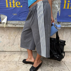 Cyflymder  Y2K Vintage Loose Baggy Bermuda Jogger Shorts Women Side Stripes Knee Length Sweatpants Elastic Waist Sports Loungewear Bottom