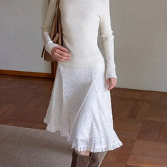 Cyflymder  French Ruffle Leaf Edge Rice Apricot Skirt Women's Spring New Fashion Medium and Long Dress