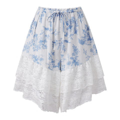 Cyflymder  New Women's Bloomer Shorts Knee Length Floral Print Drawstring Elastic Waist Lace Trim Patchwork Casual Coquette Shorts