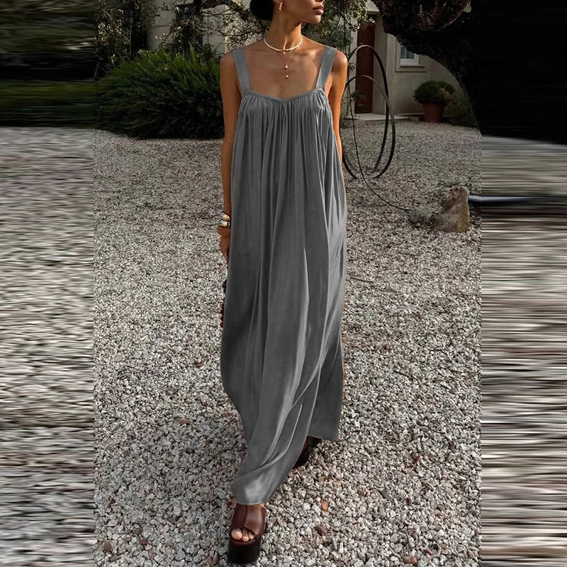 Cyflymder  Elegant Backless Pleat Loose Maxi Dress Women Summer Solid Color Commute A-line Dress Casual U Collar Sleeveless Suspender Dress