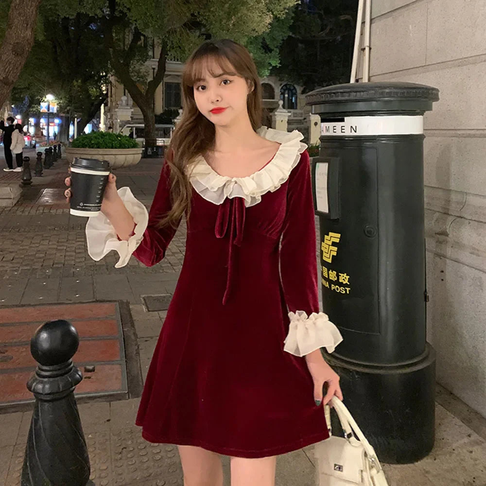 Cyflymder Christmas Red Dress Woman Autumn French Ruffle Velvet Splice Dress Ladies Flared Sleeve Bow Slim Party Mini Dress