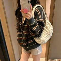 Cyflymder  American Striped Women Zipup Hooded Cardigan Autumn Retro Loose Y2K Streetwear Knitted Sweater Outerwear Woman