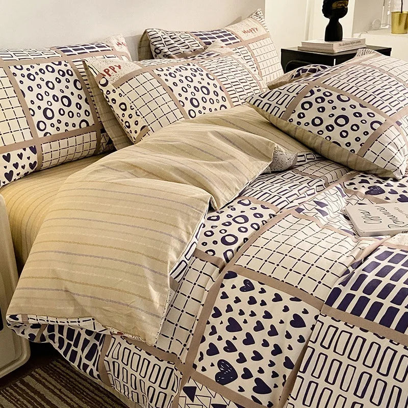 Cyflymder  Simple Nordic Pure Cotton Striped Bedding Set Naked Sleeping Comfortable Duvet Cover Set Fitted Sheet Kit for Single and Double