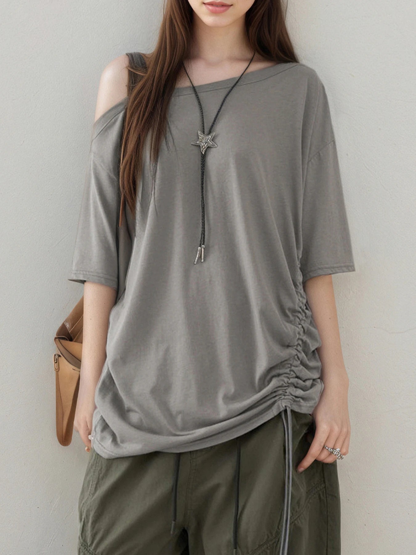 Cyflymder  Solid Grey Loose Drawstring T-shirt Asymmetrical Off-shoulder Short Sleeve T Shirts Women Casual Summer Tees y2k Vintage