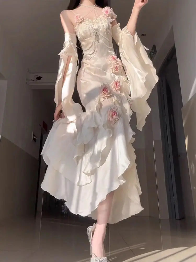 Cyflymder  High end 3D Rose Strap Camisole Dress Lolita Dress Elegant Goddess Style Sweet Slimming Fishtail Long Dresses for Women
