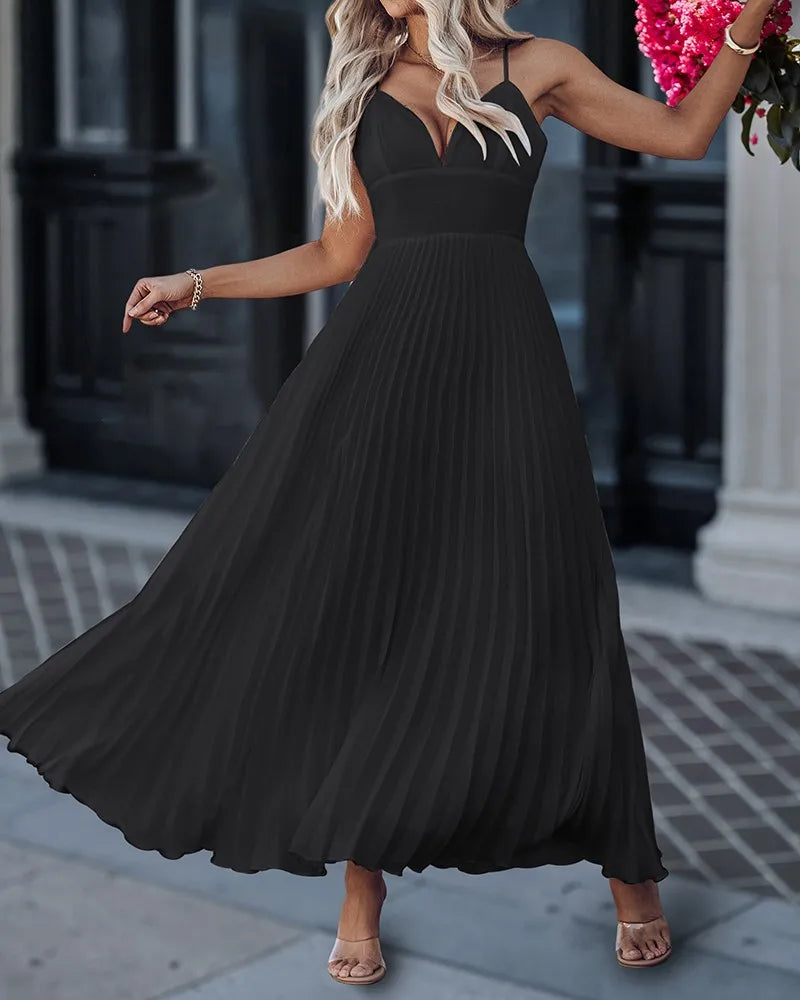 Cyflymder  Elegant A-line Evening Dress Women Sexy V-Neck Sleeveless Pleated Dress Causal Flowy A Line Maxi Dress