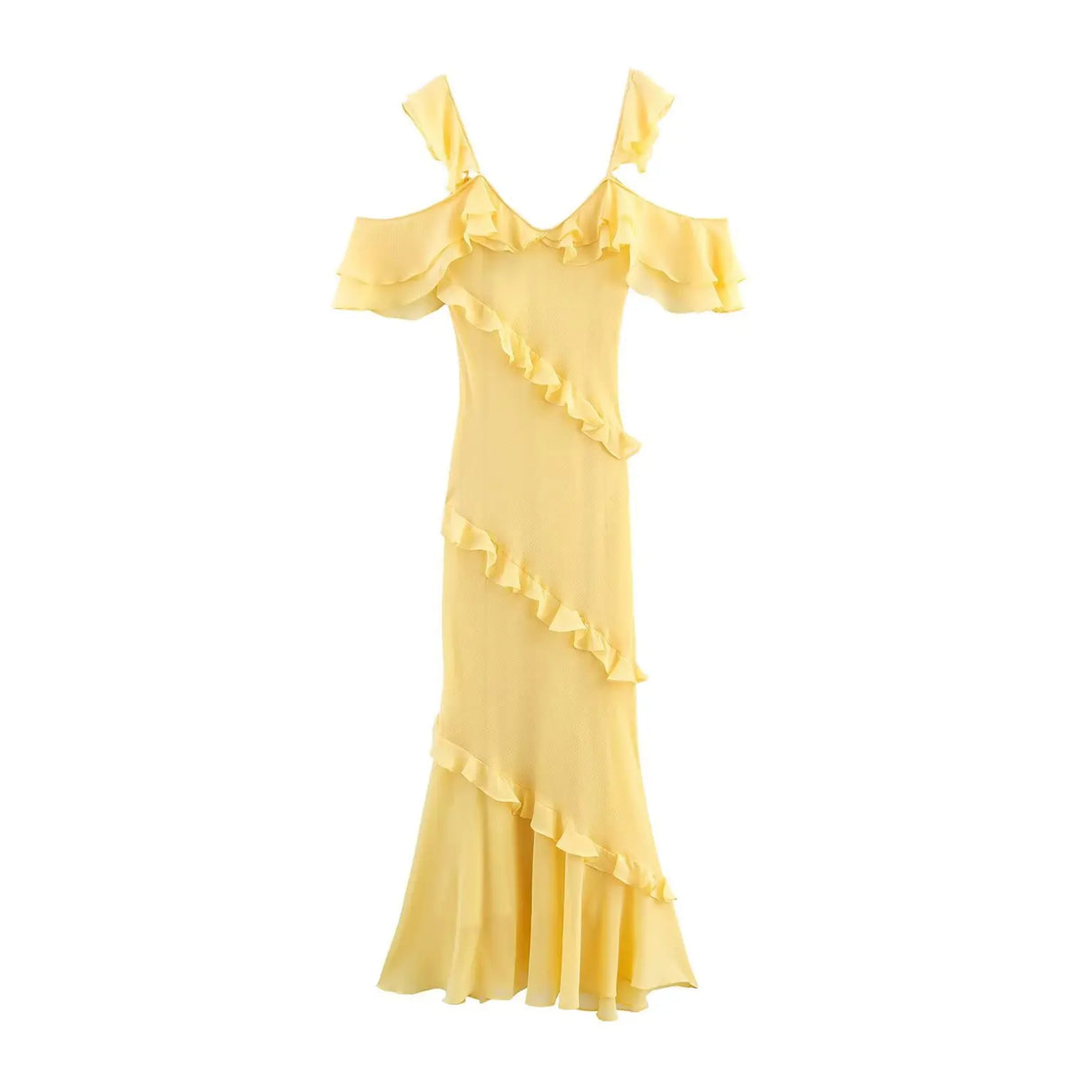 Cyflymder  Sexy Chic Women Dress Yellow Solid Cami Long Tierred Straight Chiffon Dress Fashion Autumn Evening Club Party Dress