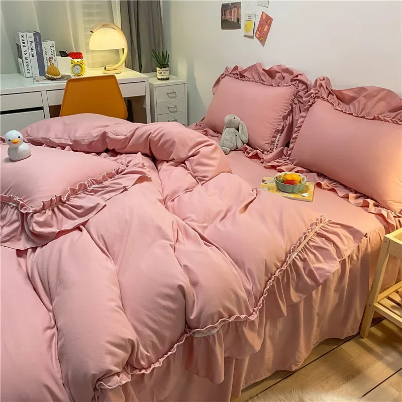 Cyflymder  Korean Solid Pure Cotton Bed Skirt Bedding Sets Washed Cotton Comforter Set with Lace Princess Soft and Skin-Friendly Bedclothes
