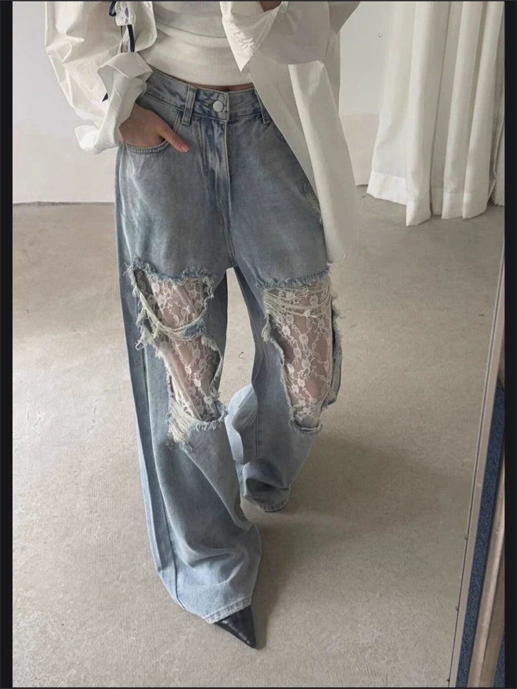 Cyflymder  Summer Women's Large Hole Patchwork Lace Jeans High Waist Wide Legs Trousers Cool Girl Casual Bottoms Female Denim Pants