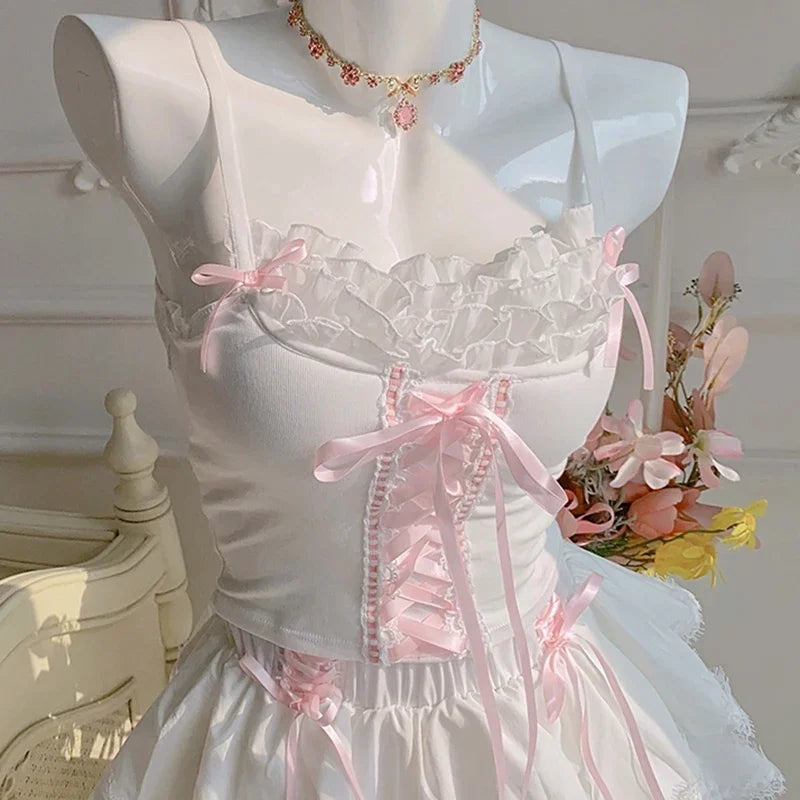 Cyflymder  Cute Crop Top Women Summer Lace Trim Bows Decoration Slim Tops for Sweet Girls Lolita Style Kawaii Clothes