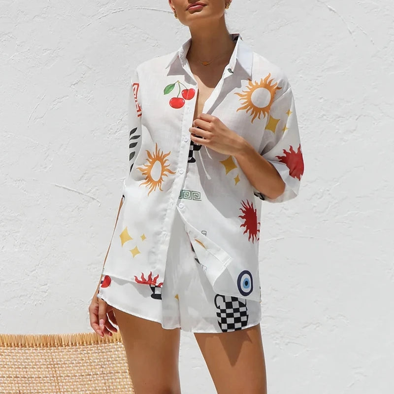 Cyflymder  Boho Beach Style 2 Piece Outfits Fashion Printed Short Sleeve Button Up Blouse Tops + Shorts Set Women Lounge Matching Beachwear