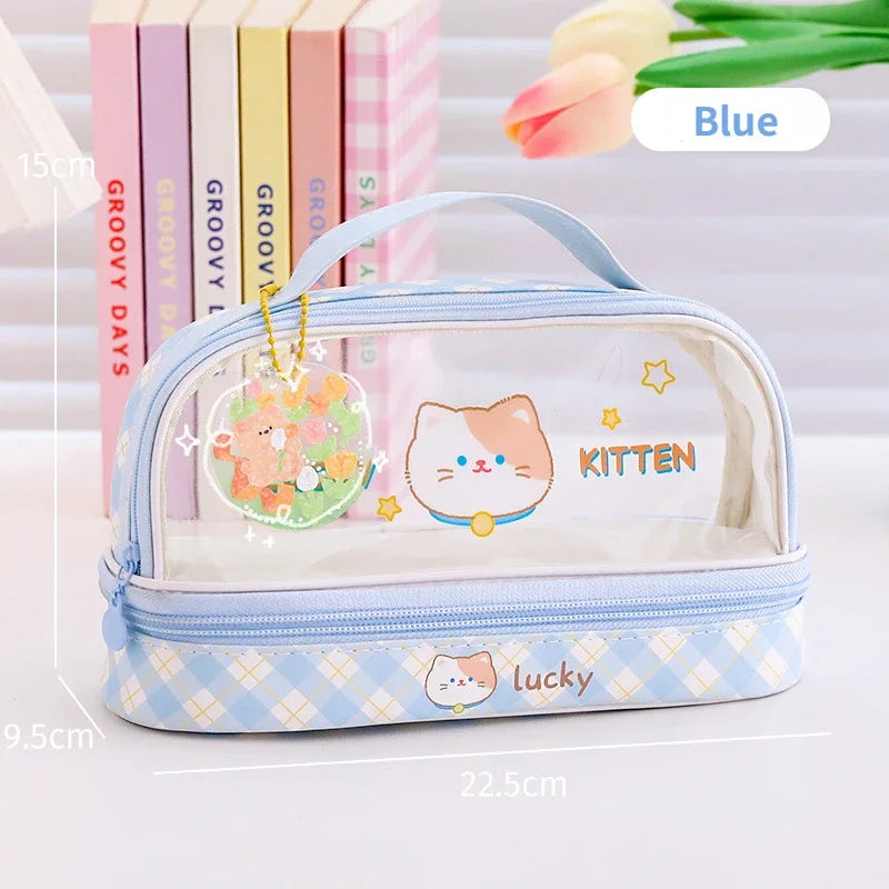 Cyflymder  Cute Transparent Pencil Case Kawaii Bunny Bear Pencil Pouch 2- Layer High Capacity Waterproof Protable Stationery Storage Bag