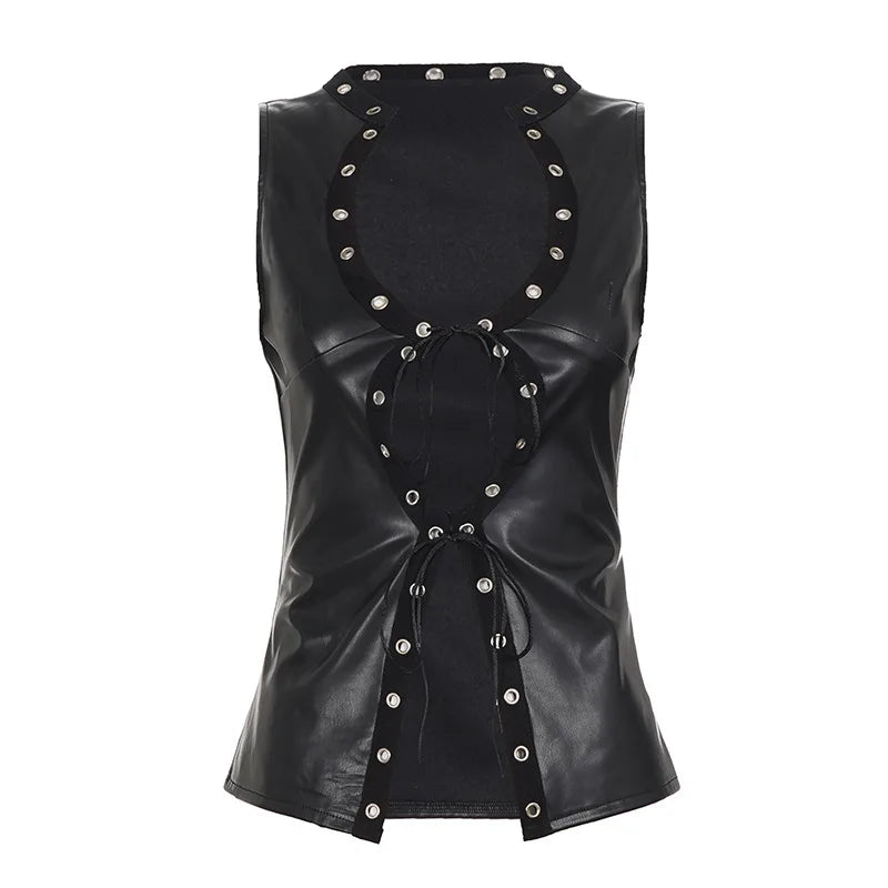 Cyflymder  Punk Style Y2K Grommet Lace Up PU Leather Tanks Top Women Fashion Hollow Out V Neck Sleeveless Slim Vests Night Clubwear Tees
