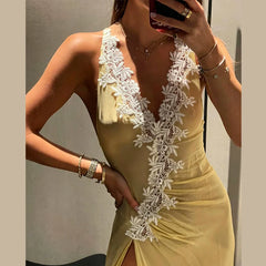 Cyflymder  Women's Beach Vacation Yellow Maxi Dress Lace Trim Deep V Neck Backless High Slit Sleeveless Bodycon Summer Holiday Date Dress