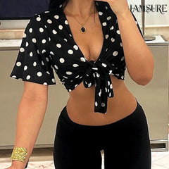 Cyflymder  Women's Fashion Polka Dot Print Smock Tops Summer Short Sleeve Open The Collar And Expose The Navel T-Shirts Chic Mini Clothes