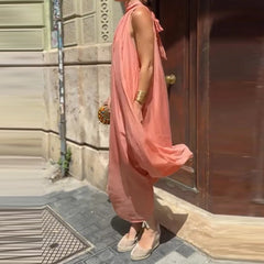 Cyflymder  Elegant Draped Lace-Up Maxi Dress Fashion Half High Collar Simple Long Dress Summer Women's Casual Sleeveless Loose Party Dress