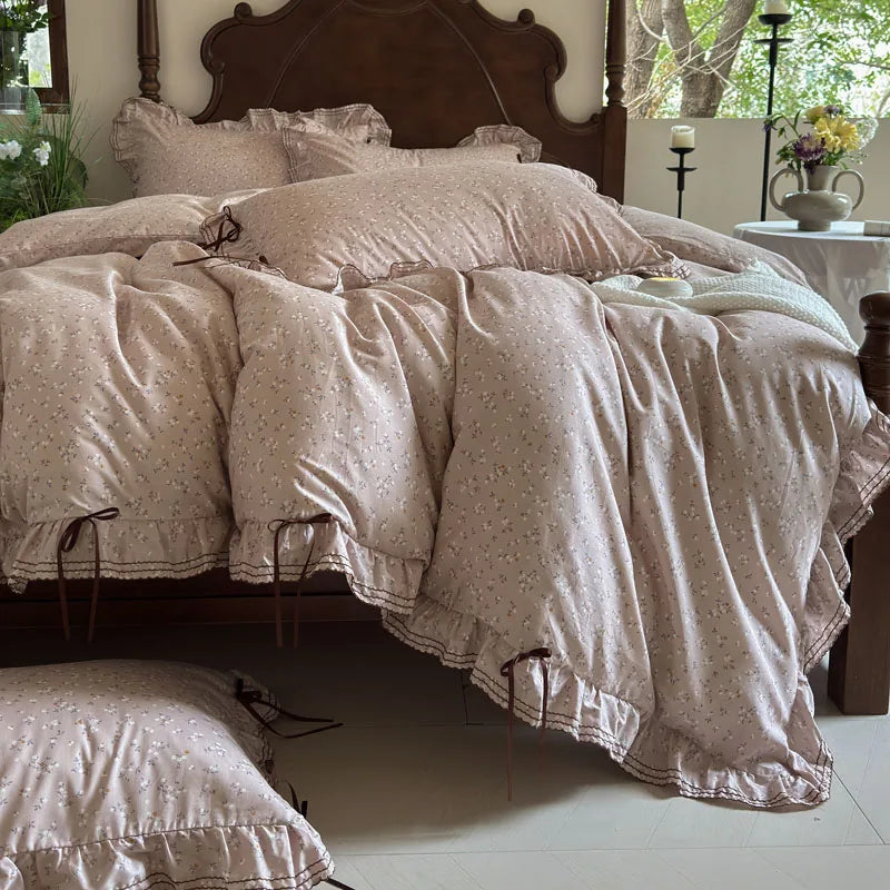 Cyflymder  100% Cotton Pastoral Floral Print Ruffles Bow Princess Bedding Set Queen King Duvet Cover Set Bed Sheet/Fitted Sheet Pillowcases