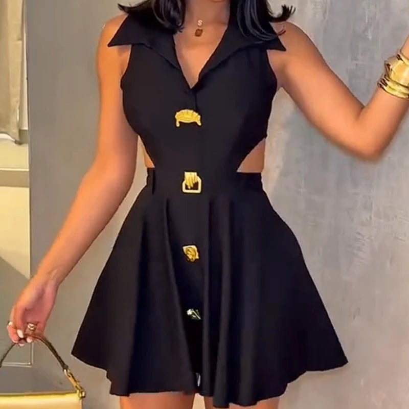 Cyflymder  Women's Casual Sleeveless Hollow Mini Dress Elegant Metal Buckle Pleat Short Dress Fashion Lapel Collar Waist Solid A-Line Dress