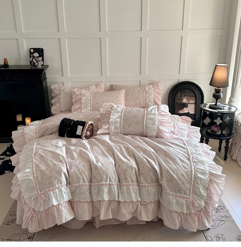 Cyflymder  Pink Floral Double Layer Lace Ruffles 100% Cotton Bedding Set Duvet Cover Set Bed Sheet/Bed Skirt/Fitted Sheet Pillowcases 4Pcs