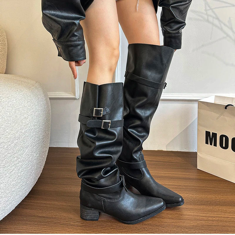 Cyflymder  Autumn Winter Pleated Women Knee High Boots Vintage Square Low Heels Shoes Female Belt Buckle Long Booties