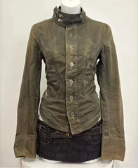 Cyflymder  Y2K New Gothic Punk Stand Collar Jacket Women Clothes Harajuku Sexy Slim Fit Back Drawstring Jacket Retro Army Green Short Coat