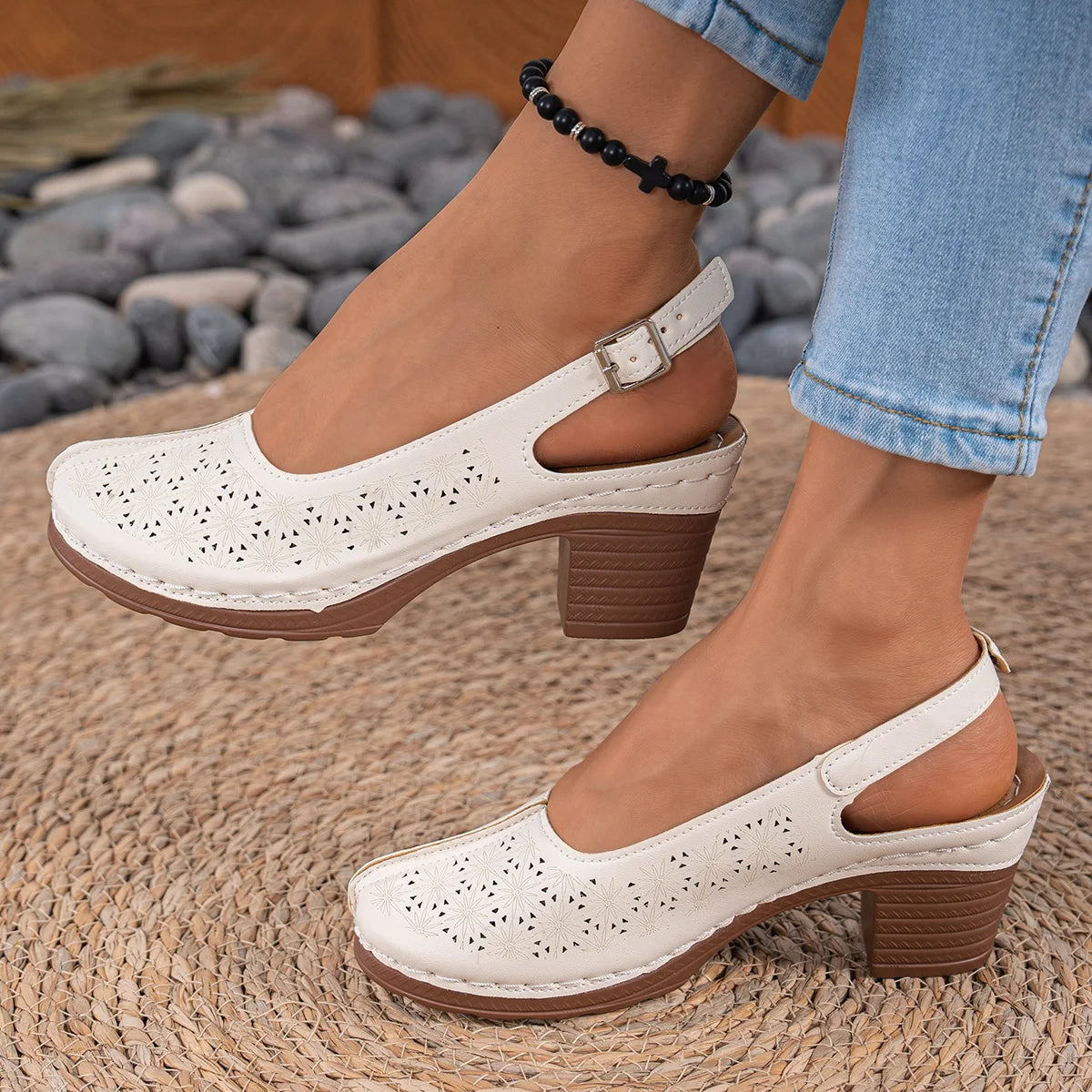 Cyflymder  Summer New Women High Heel Sandals Comfortable Rubber Sole Shoes Large Size 43 Roman Style Round Toe PU Leather Slip-On Sandals