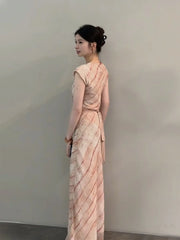 Cyflymder  Pink Smudge Dress Women's Summer New V-neck Flying Sleeves Straps Waist Temperament Dress