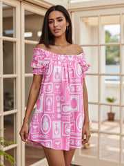 Cyflymder  Square Neck Short Sleeve A-line Mini Dress with Pattern Print Women s Summer Beach Dress in Floral Design