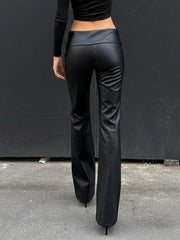 Cyflymder  Street Style Faux Leather Pants Women Fashion Black Folded Waist Slim Fit Basic Trousers Autumn Winter Long Flare Pants